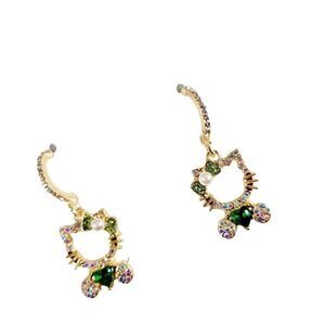 Brand New S925 Silver Rhinestone Hello Kitty Green Heart Earrings